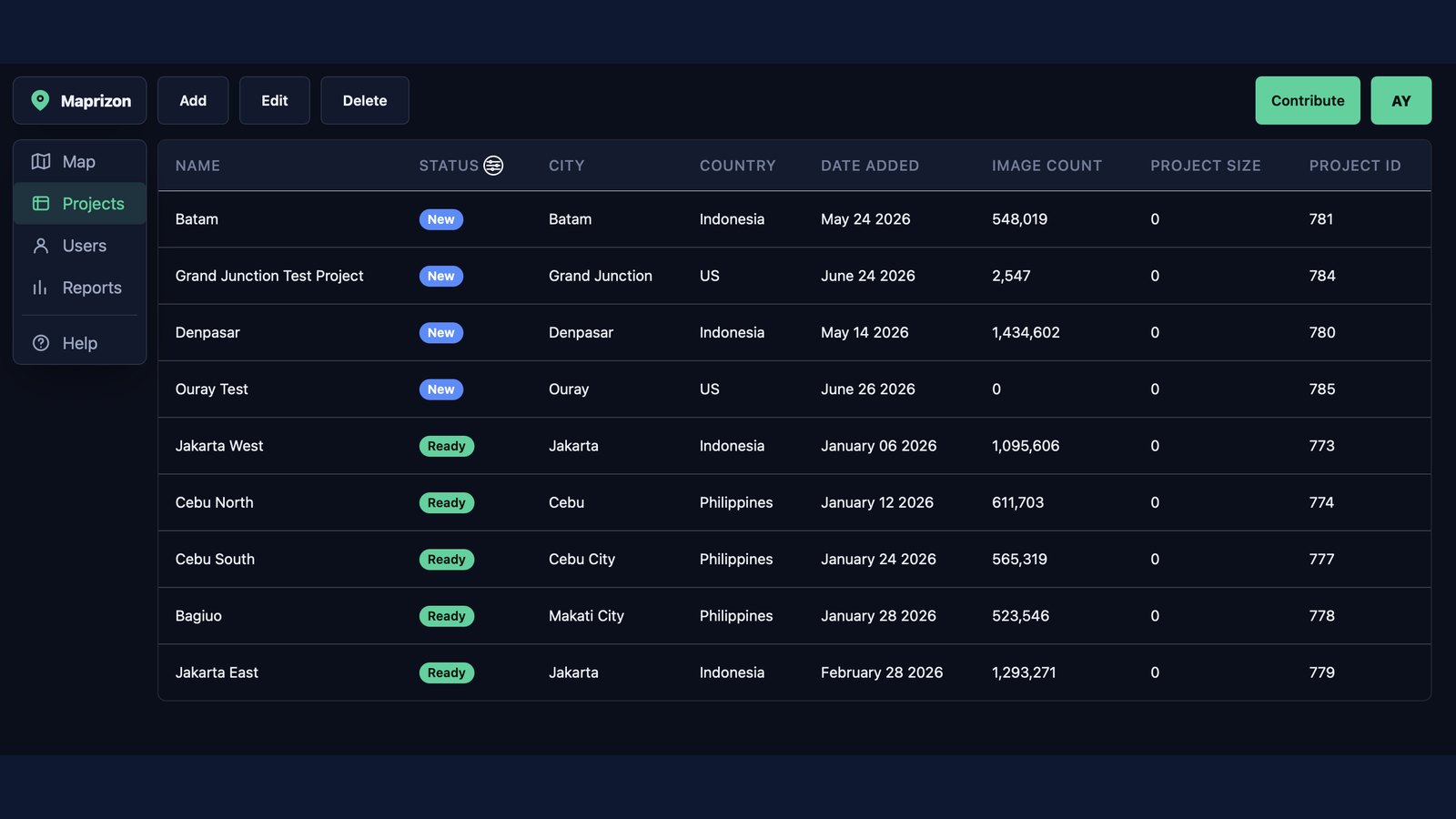 Maprizon — projects dashboard